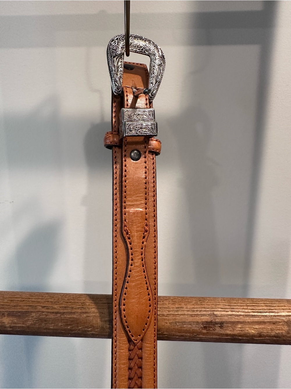 Men's Tan Leather Belt with Decorative Silver Buckle